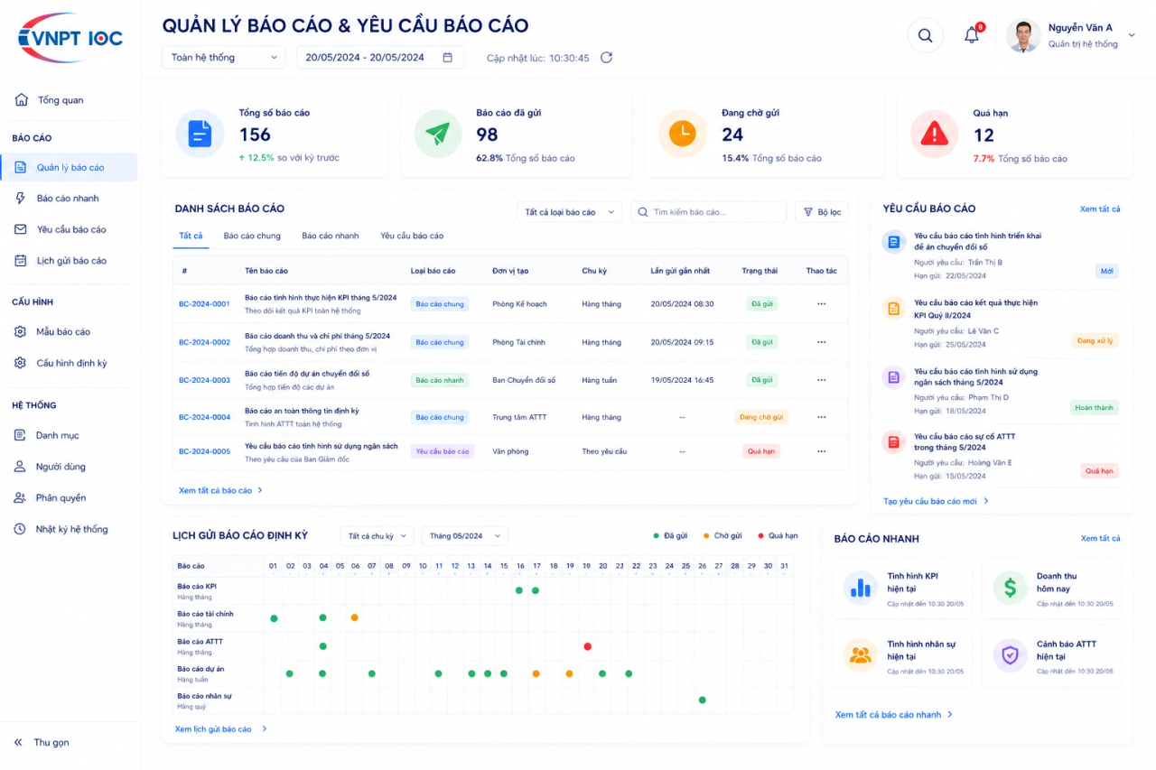 Giao diện Quản lý báo cáo và yêu cầu báo cáo của VNPT IOC